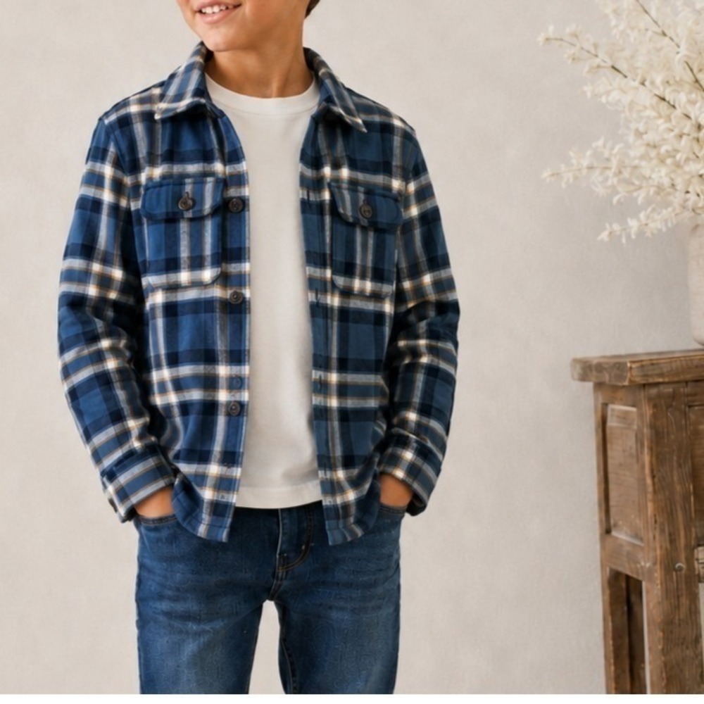 Gap Kids Boys Shacket size L Blue Plaid Flannel Shirt Jacket Jersey Lined preppy